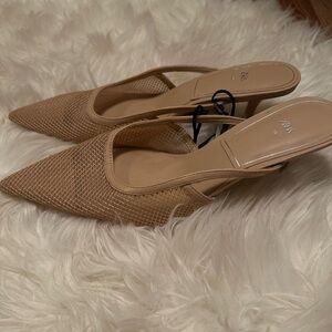 Zara Beige Mesh Pointed-Toe Mules